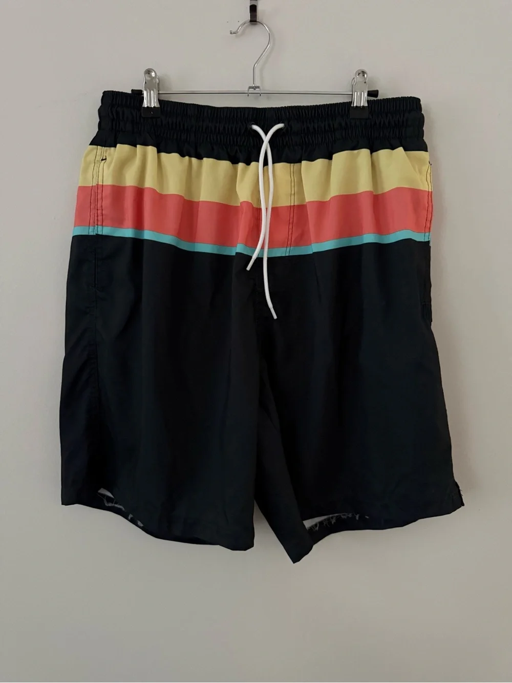 Old Navy Men's Black Swim Trunks with Yellow, Coral & Teal Stripes